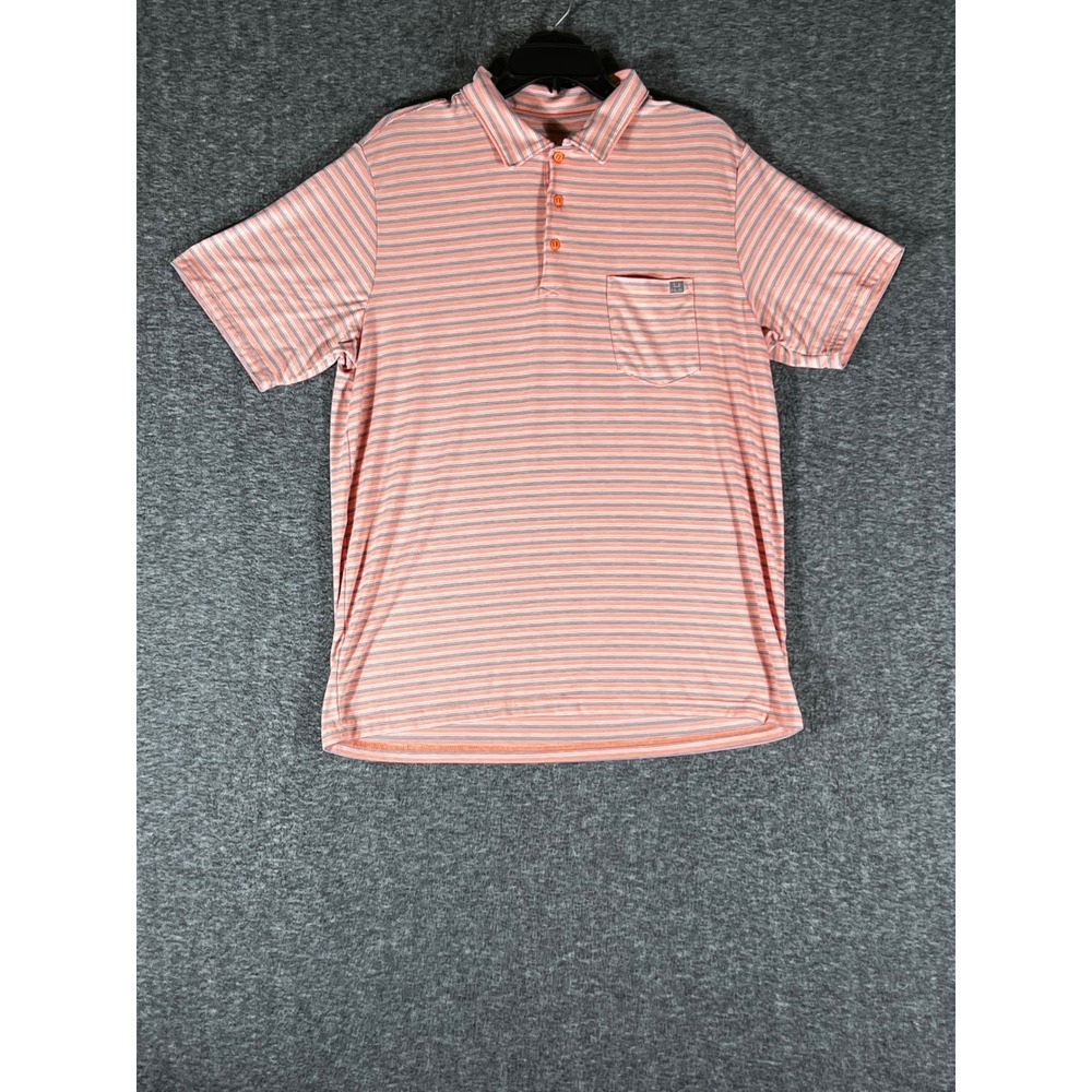 Huk Mens Short Sleeve Striped Polo Shirt Orange Blue White Size Large Pocket